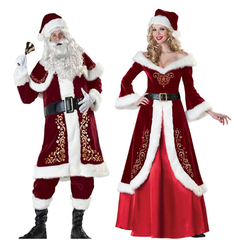 Santa Claus Cosplay Costume Red Velvet Lady Elegant Christmas Long Dress Xmas Carnival Party New Year performance For Man Woman