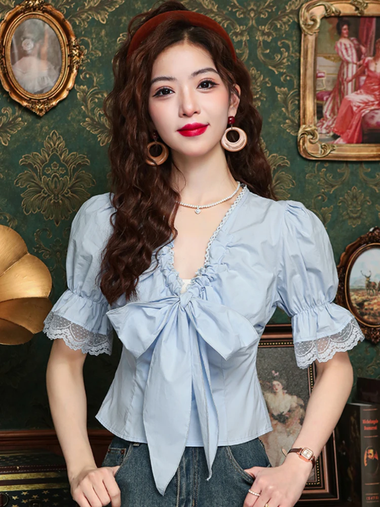 

Fashion Elegant Shirts V Neck Puff Sleeve Crop Tops Solid Color Bow Lace Patchwork Blouses Summer Female Slim Women's Clothing