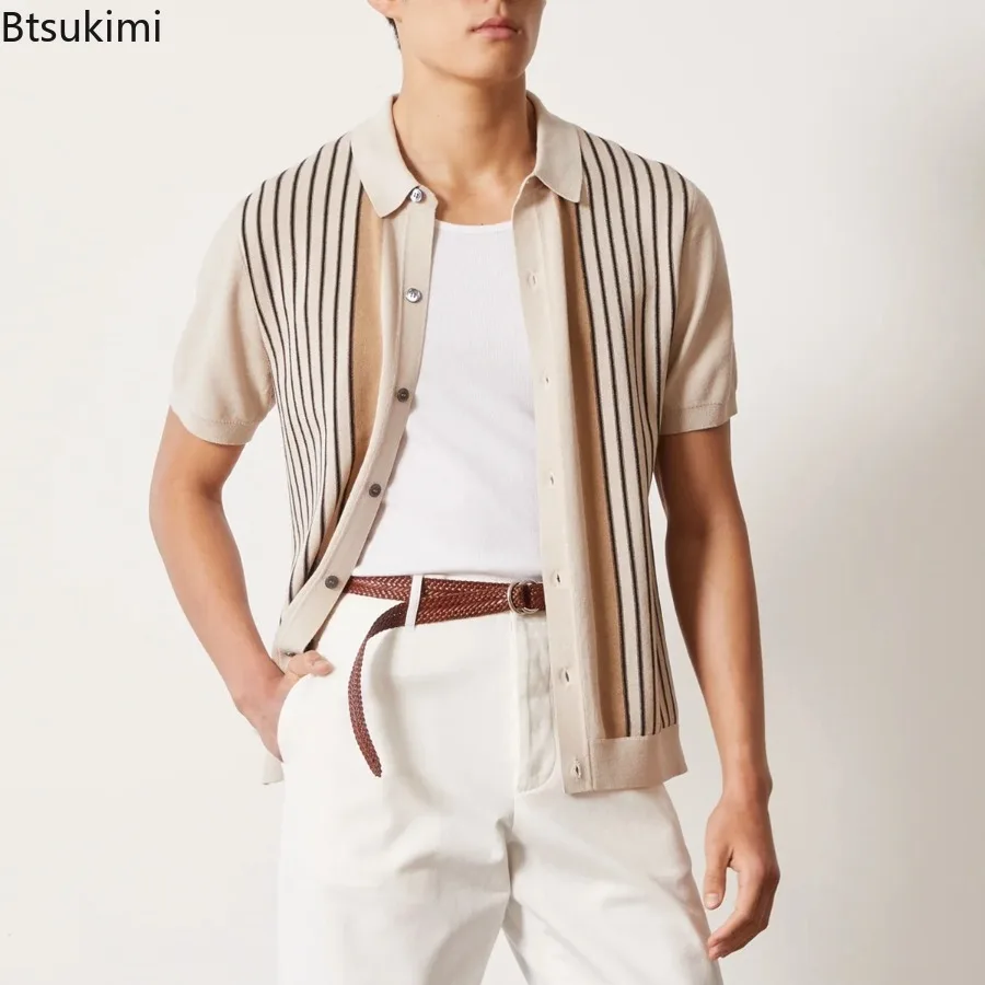 

2025 Summer Men's Clothing Fashion Stripe Knitted Polo Shirt Vintage Short Sleeve Leisure Button-up Cardigan Coats Men Knit Tops