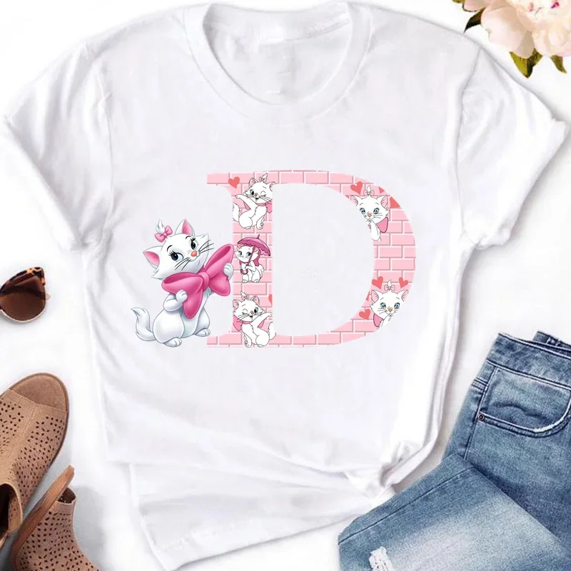 Marie Cat A-Z English Letters Short Sleeve Summer Women The Aristocats Print T Shirt Female Casual Top Tshirts Cartoon T-Shirt