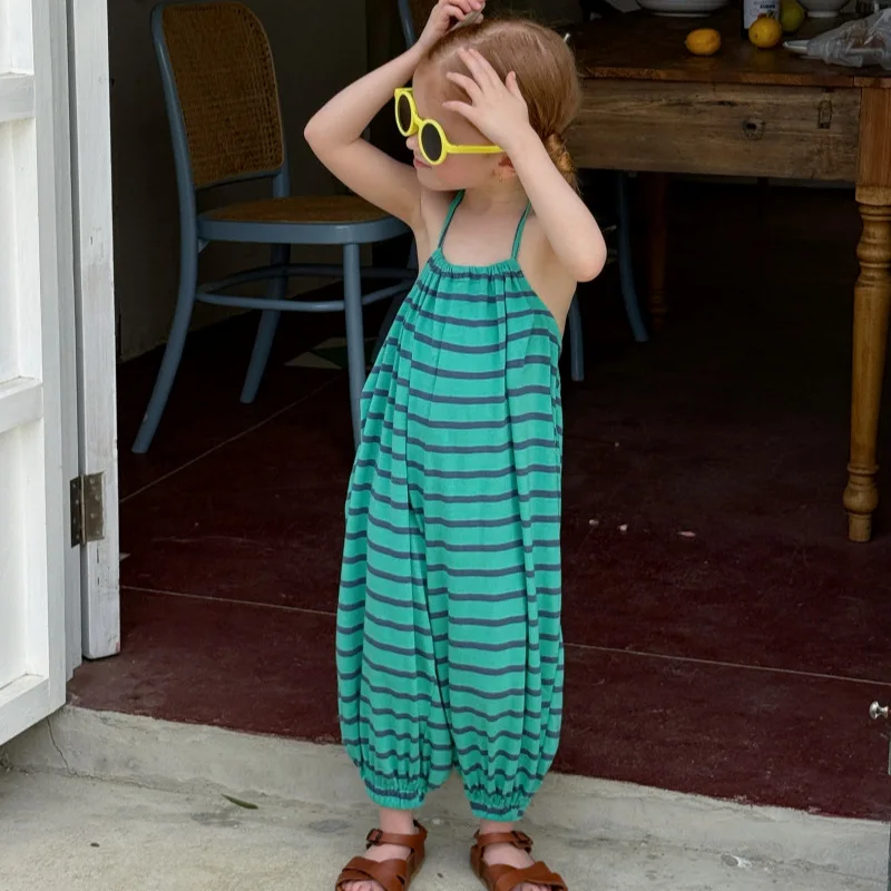 2026 Summer Korean Style Kids Striped Knitted Jumpsuit Halter Neck Backless Suspender One Piece Pants for Girls