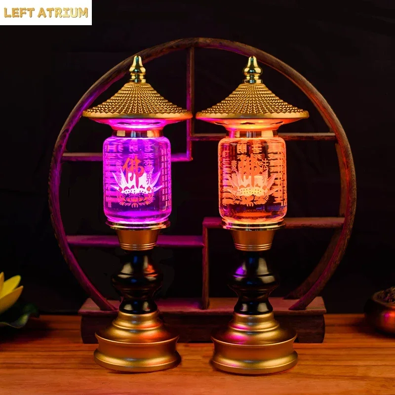 Colorful, Household Lotus Heart Sutra LED Crystal Lamp, Buddha Offering Lamp, Prayer, Buddhist Decorative Accessories, Plug-in