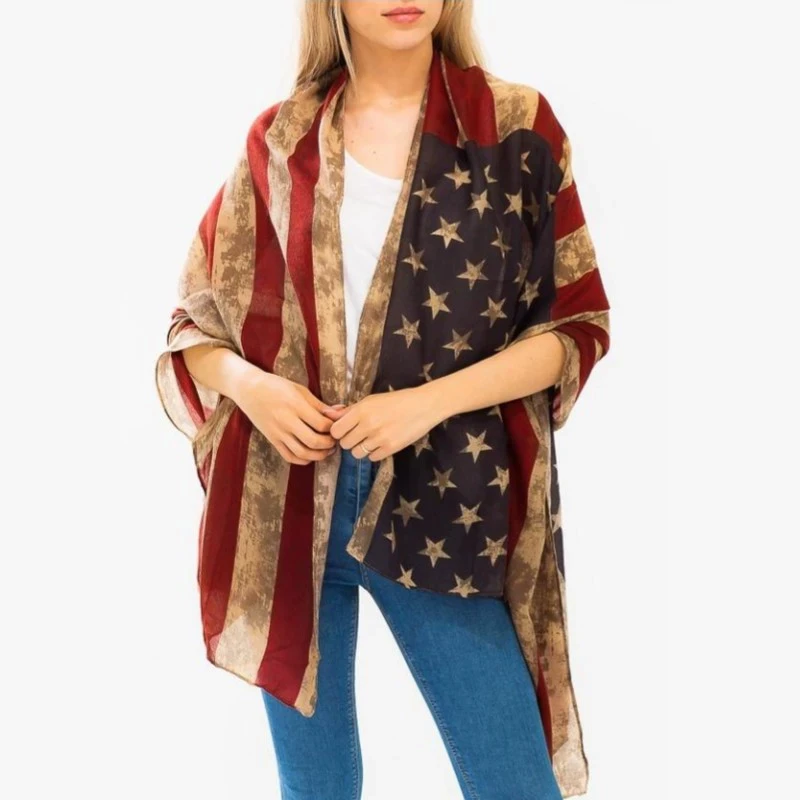 

American Flag Printed Scarf Women Hijab Muslim Printed Hijab Soft Voile Long Shawl Spring Thin Scarf Beach Towel