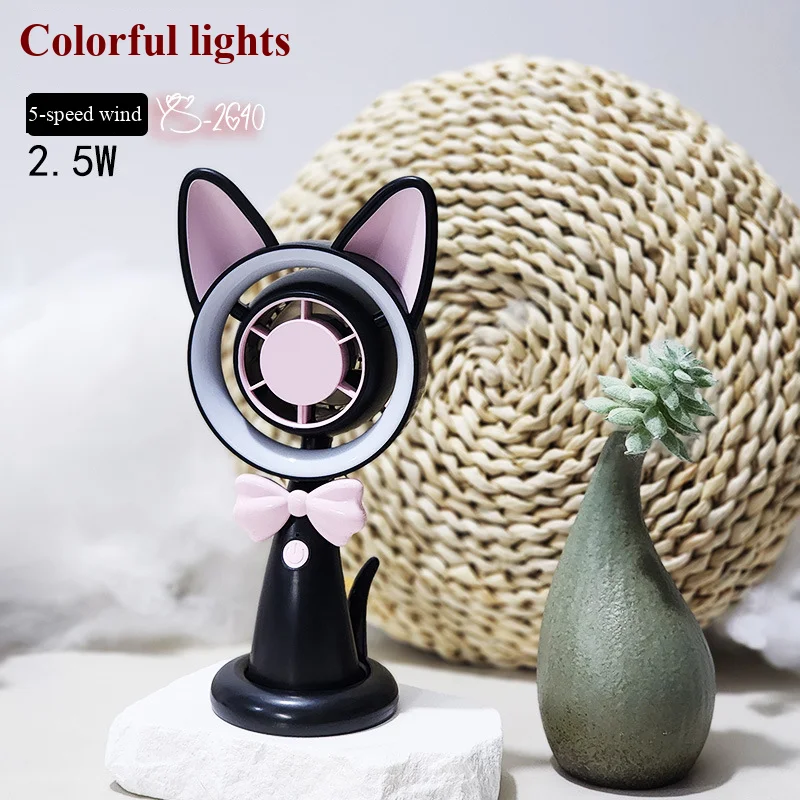 New Cat-Shaped Handheld Fan with Strong Wind, USB Charging, Suitable for Student Dormitories, Desktop Small Fan with Light