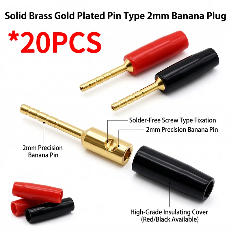 20PCS 2mm Gold Plated Brass Banana Plugs, Screw Type Solder-Free Connectors for Audio & Test Equipment & Speaker Cable