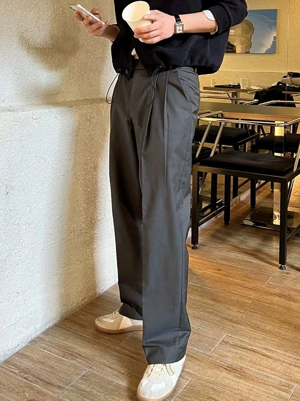 Men's Workwear Straight Leg Casual Pants High Waist Design Belt Buckle Loose Fit No Ironing Required Fashionable Trousers