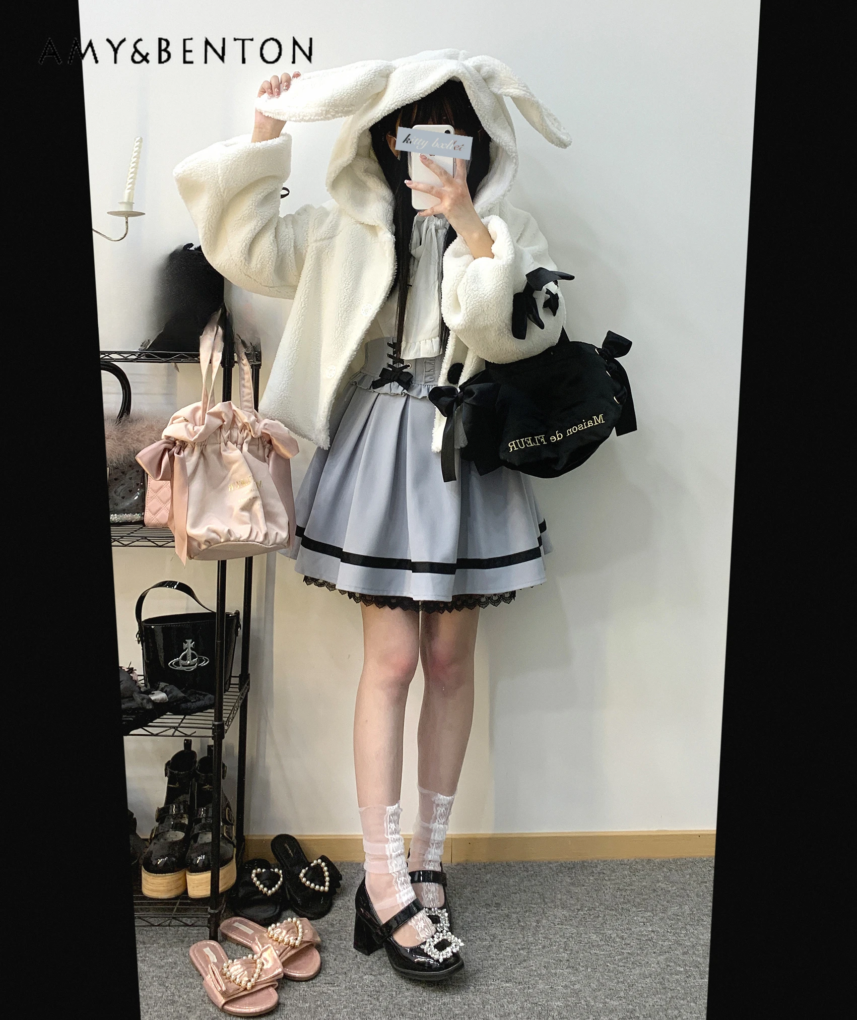 Lolita Süße Mantel Japanische Niedlichen Kaninchen Ohr Knopf Spitze-up Bogen Winter Kleidung Frauen Mine Plüsch Lose Jacke Kawaii jk Mäntel