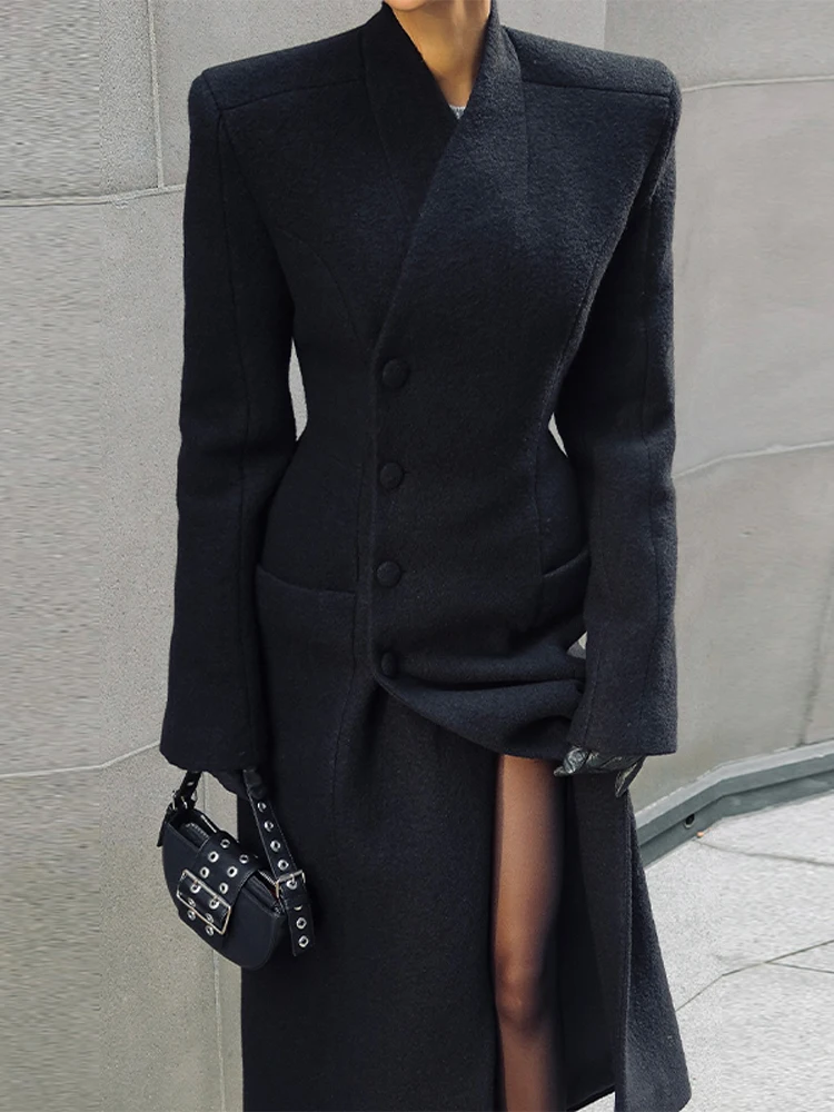 

Stand Collar Women Woolen Coat Elegant Black Single Breasted Slim Waist Female Long Jacket 2025 Autumn Winter New Lady Overcoats
