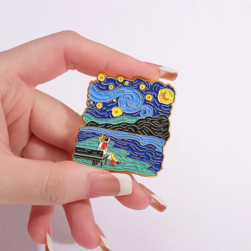 Art Oil Paintings Design Brooch Enamel Pins Cartoon Character Starry Sky Painting Badge Pin Fashion Jewelry Gift Accessories