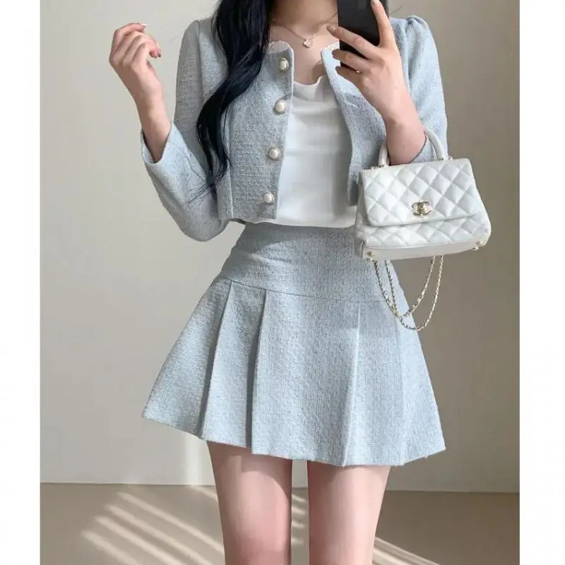 

Small Fragrant New Summer Fashion Korean Sweet Elegant Outfits Women Short Top Coat Blazer Mini Skirt Female Two Piece Set