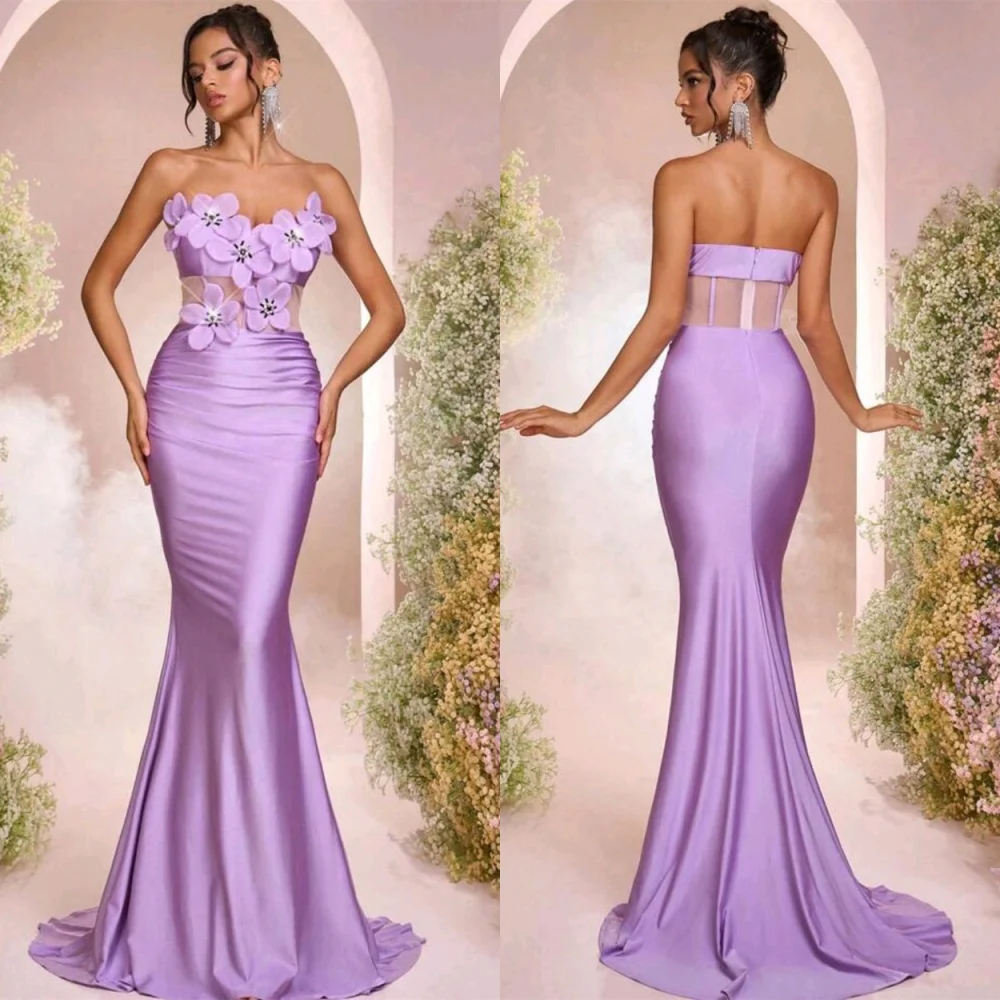 Индивидуальное темпераментное фиолетовое атласное платье для встречи выпускников, нежное платье без бретелек с цветами и кристаллами русалки на молнии сзади, Vestido De Festa