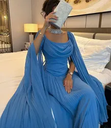 Blue Party Prom Dress Square Neckline Chiffon Long Sleeves Evening Dresses Saudi Arabia Women's Formal Vestido فساتين الحفلات