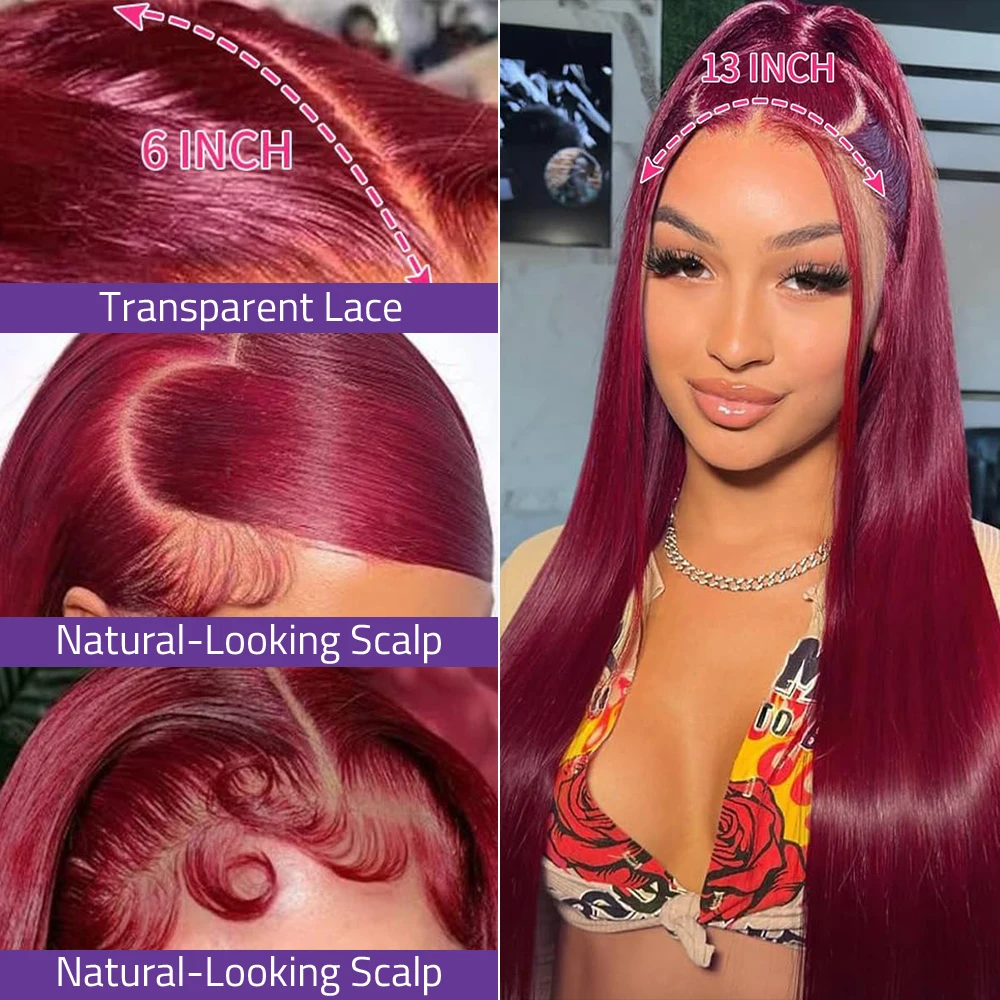 Parrucca diritta per capelli umani 99J Borgogna 13x6 HD Frontale in pizzo Parrucche per capelli umani al 100% 13x4 HD Parrucca per capelli umani in pizzo per le donne 200 Densità