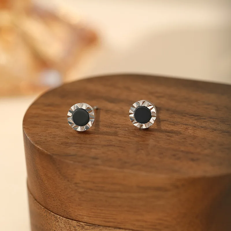 S999 Pure Silver Black Onyx Stud Earrings for Women Minimalist Geometric Ear Jewelry Simple Fashion Daily Ear Accessories