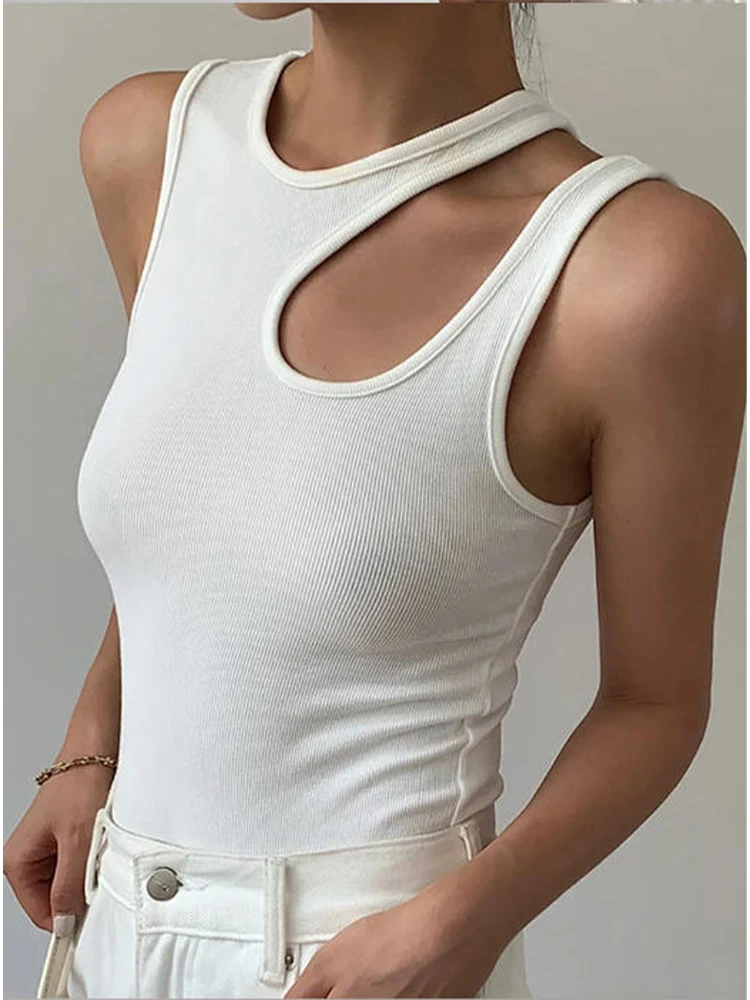 Camiseta negra para mujer, cuello redondo, sin mangas, minimalista, ajustada, ropa de verano para mujer, moda
