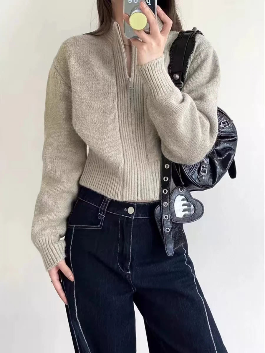 

Высококачественный кашемировый свитер, женский короткий свитер на молнии, пальто на осень и зиму, свободное пальто с воротником-кардиганом