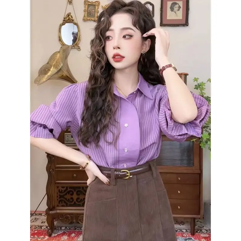 

Casual Fashion Retro Puff Sleeve Striped Shirt for Women's Spring Autumn New Unique Curved Placket Design Elegant Loose Chic Top