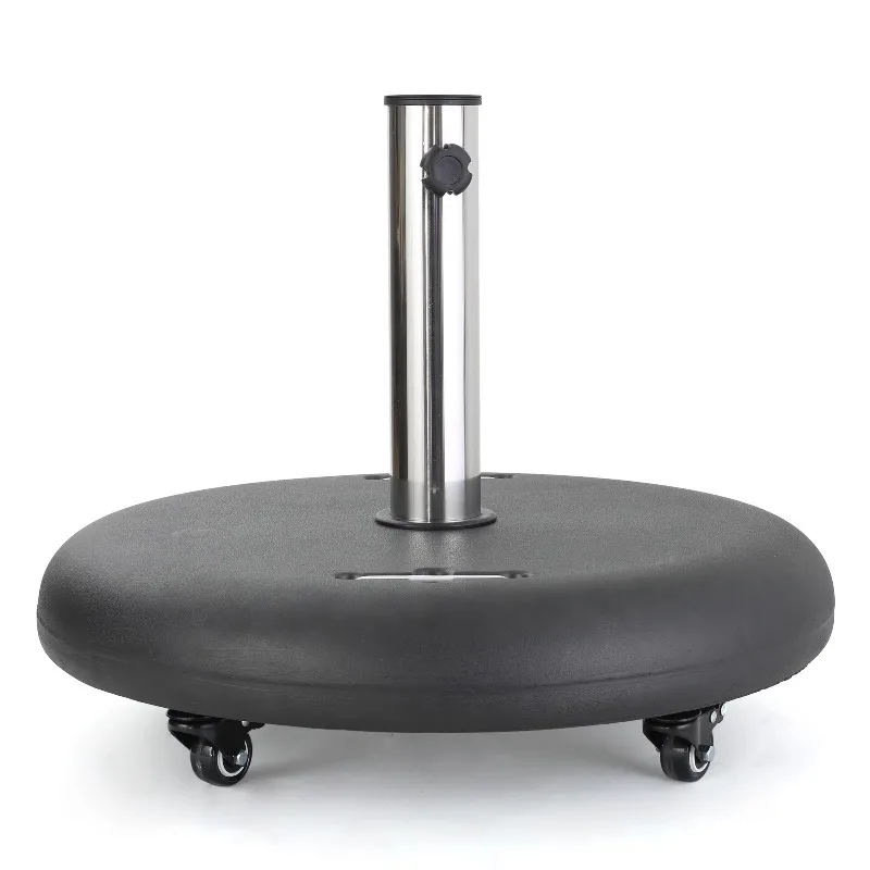 Stable Round Outdoor Umbrella Base - Concrete Umbrella Stand with Lockable Wheels and Stainless Steel Bracket