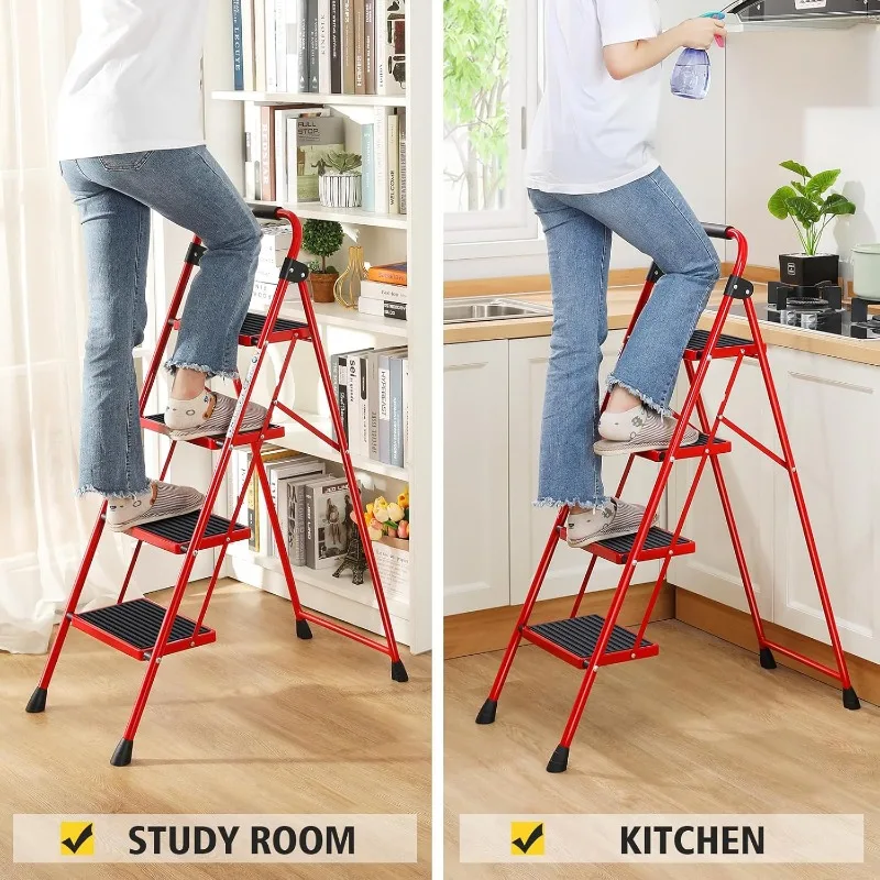 Folding Step Ladder 4 Steps Stool,Heavy-Duty Sturdy Safety Steel Tall Step Stool Ladders with Handrails & Wide Pedals for,Red