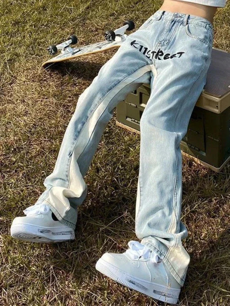 

Trousers Light Blue Bootcut Men's Jeans Hip Hop Man Cowboy Pants Letter Flared Comfortable Y2k Vintage Cotton Stacked Y 2k Xs