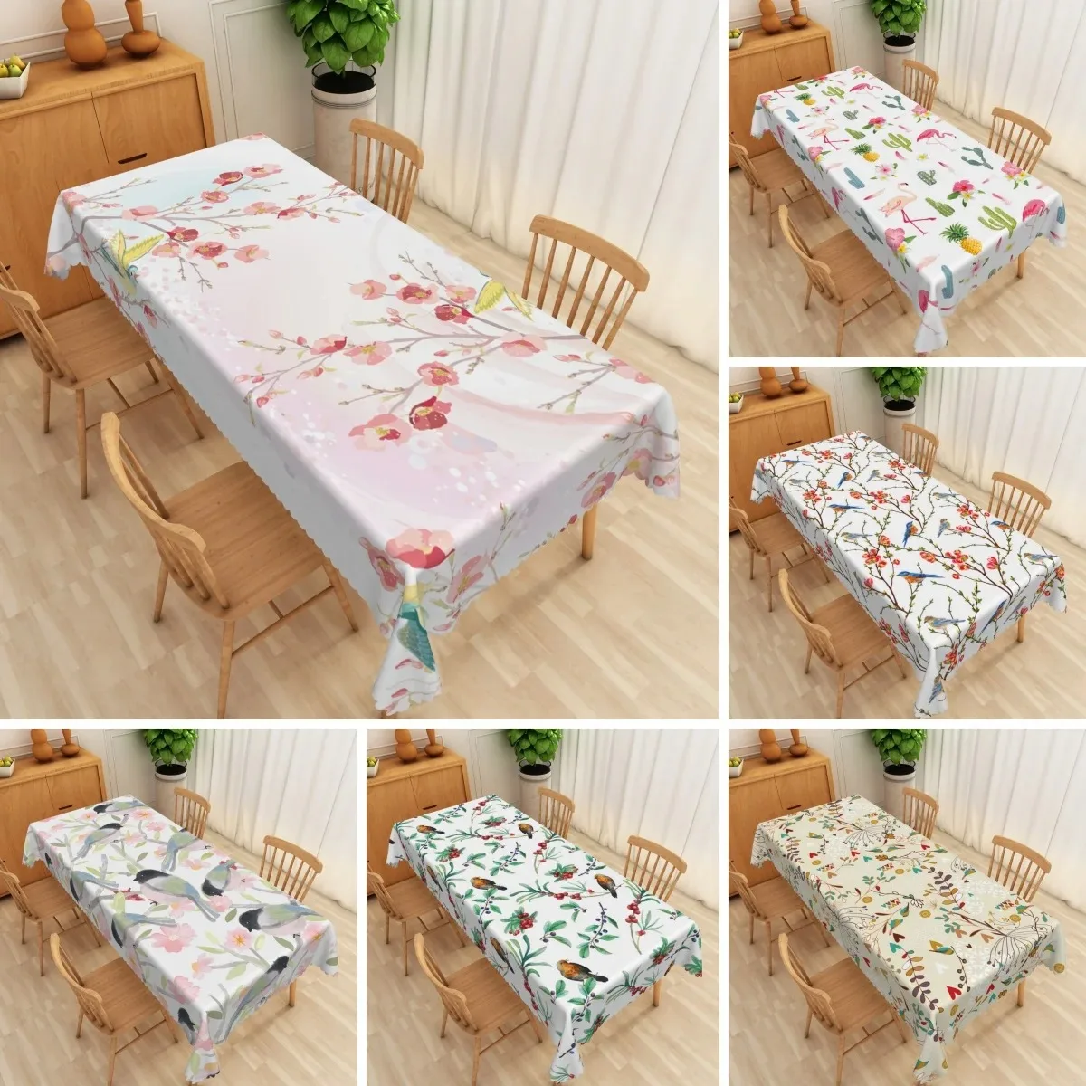 

Watercolor Botanical Flamingo Tablecloth 2D Flat Printed Waterproof Polyester Rectangular Table Cover Party Banquet Home Decor