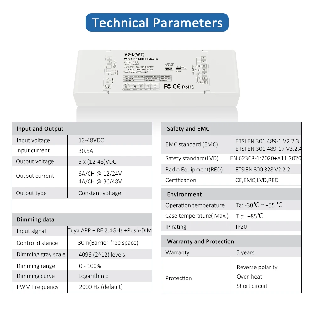 Skydance V5-L(WT) 12-48VDC 5CH*6A WiFi & RF 5 in 1 CCT RGB RGBW RGBCCT LED Strip Controller Tuya APP Google Home Alexa Control