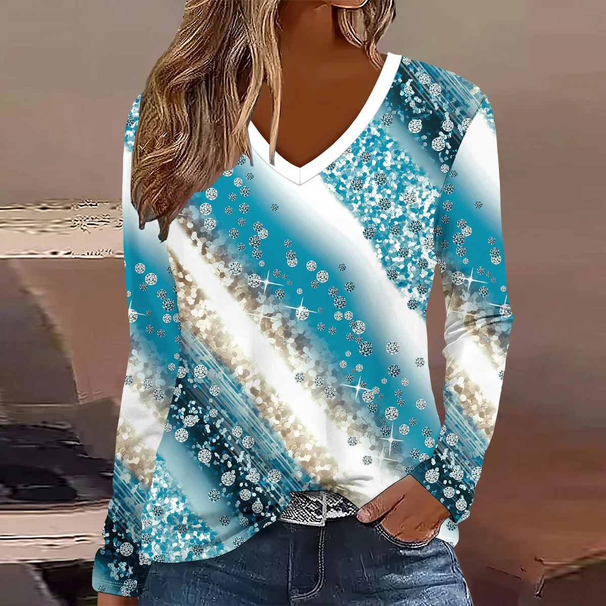 Fashion geometry pattern 3D Print  Women V-Neck Long Sleeve T-Shirt Casual Polyester Breathable Women's Clothing Apparel Tops