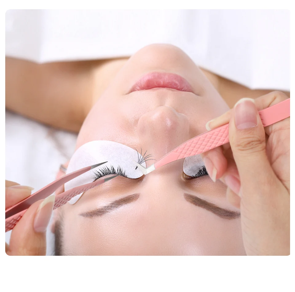 プロのまつげピンセットピンクステンレス鋼超硬ピンセット繊維チップ付き高精度帯電防止メイクアップピンセット