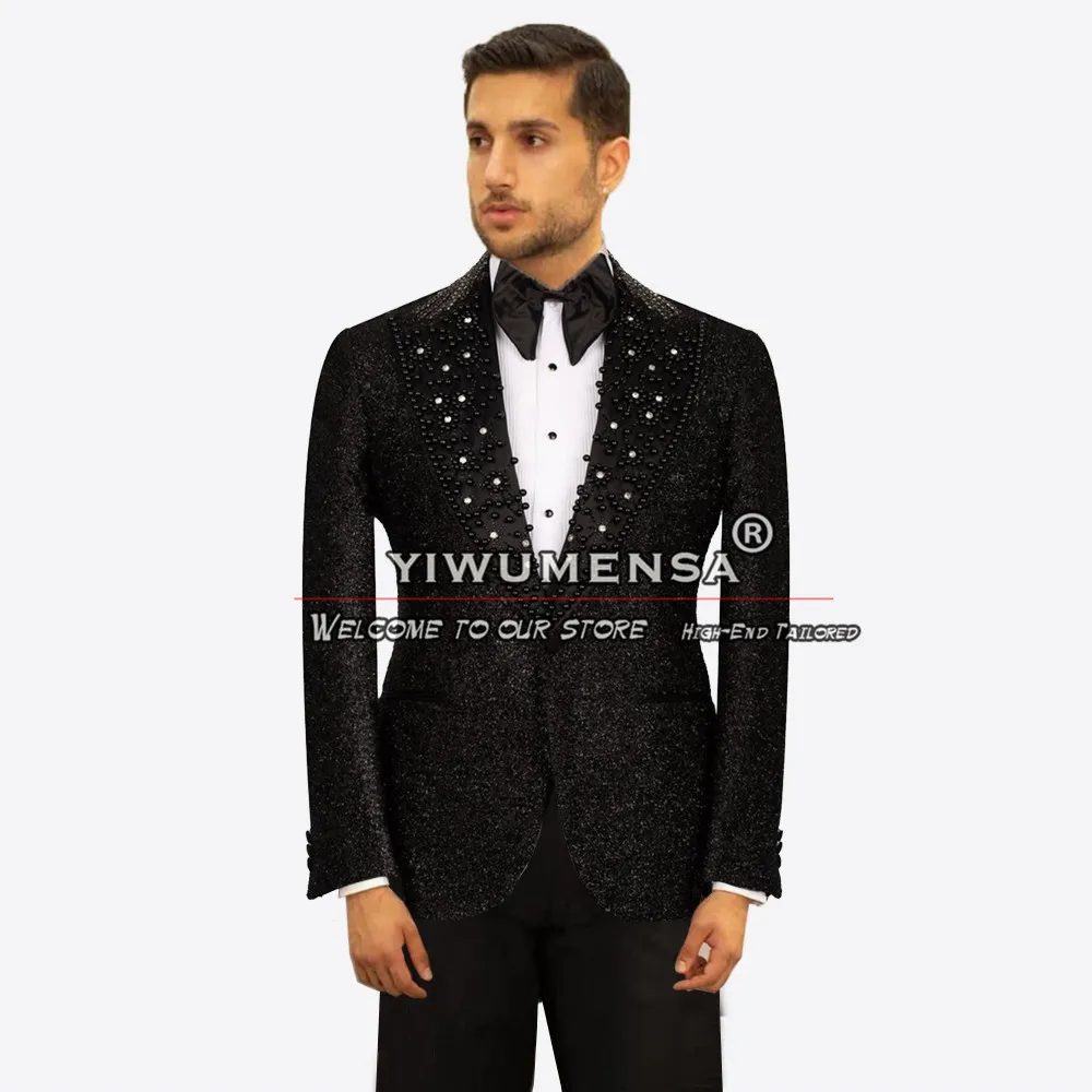 England Style Groom Wedding Suits Black Pearls Beading Lapel Prom Blazers Formal Men's Tuxedos Plus Size Banquet Dinner Clothing