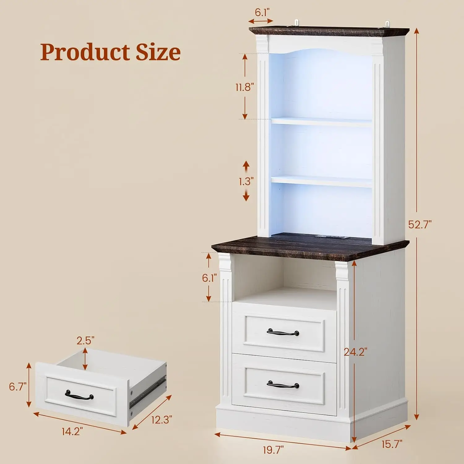 Nightstand with Charging Station & Open Shelf, 3-Tier Bedside Side Table with LED Light & USB Port for Bedroom Storage, White+Br