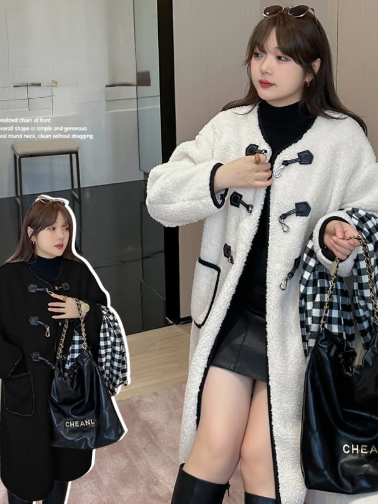 Mid length VersionContrast Faux Lamb Wool Coat For Women's Two-sided Coats Teenager Girls Outwear Overcoat