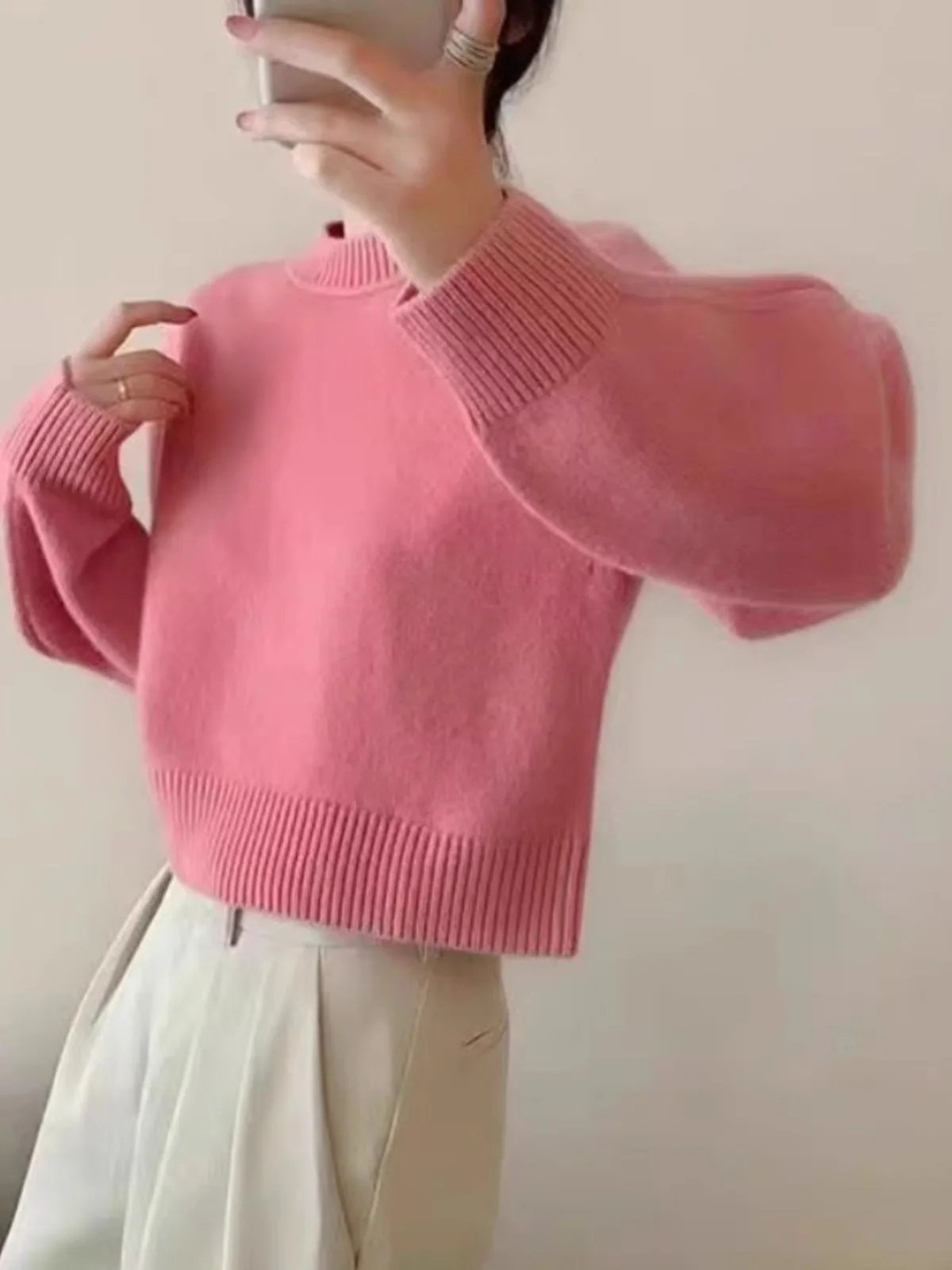 Simple semi-high round neck pure cashmere sweater women\'s autumn and winter loose long-sleeved thick pullover knit base