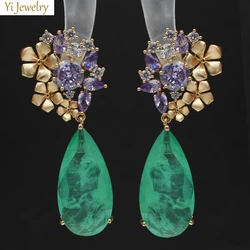 Green Purple Water Drop Dangle Earrings for Women Designer Jewelry Flower Elegant Party Female Gift