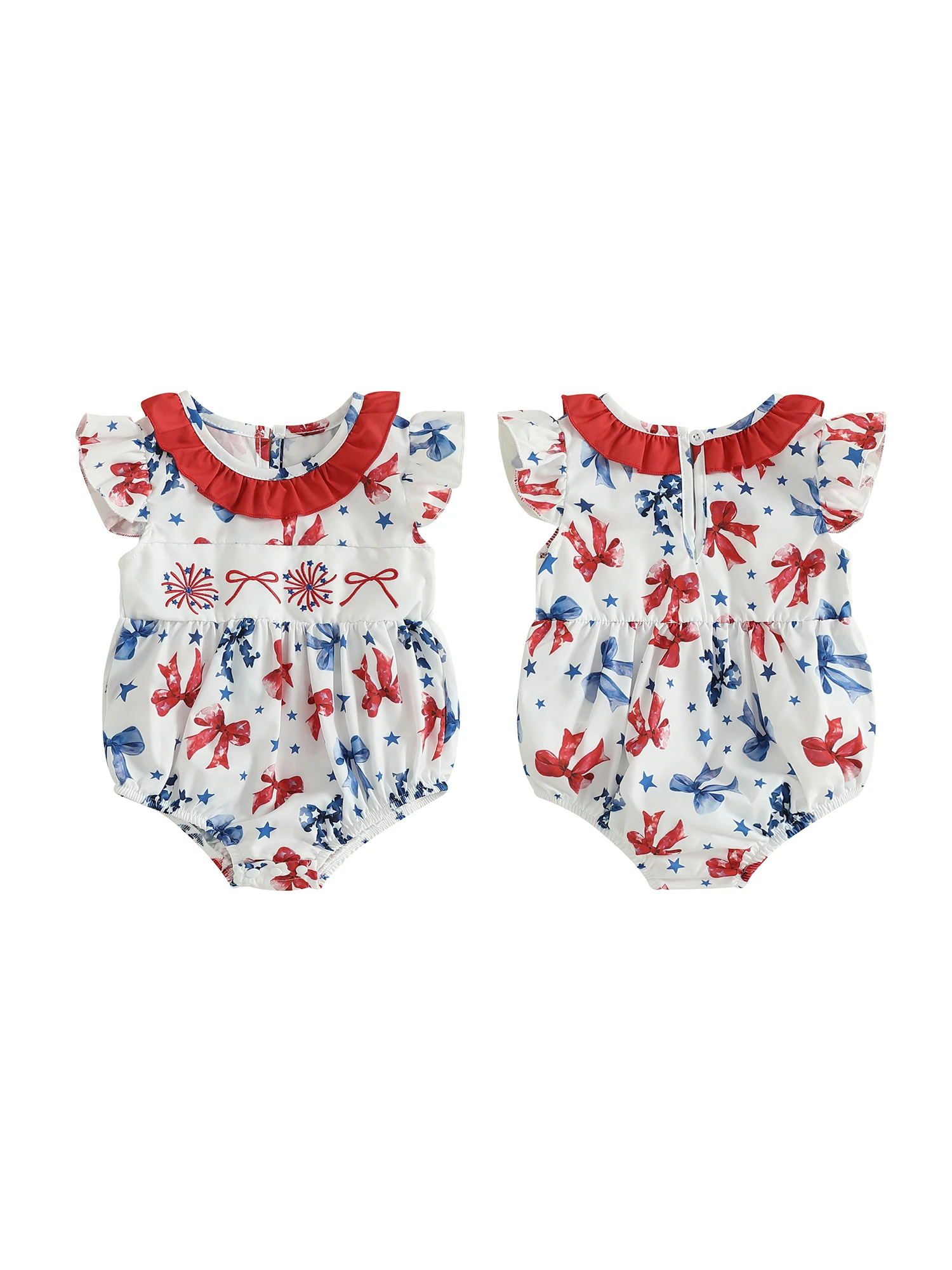

Toddler Girls Jumpsuit Ruffle Sleeve Round Neck Floral Embroidery Baby Romper Independence Day Outfit 4th of July Clothes