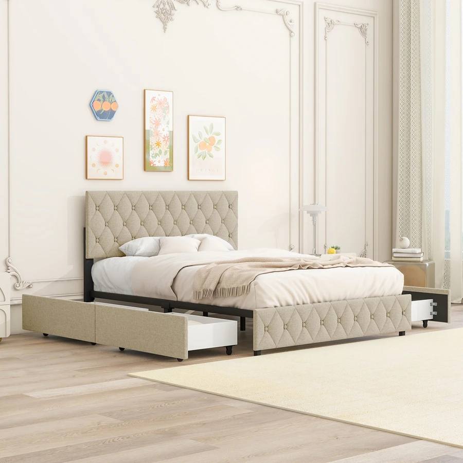 Queen Upholstered Platform Bed Frame With 4 Storage Drawers, Adjustable Linen Headboard (Bed Frame Only)