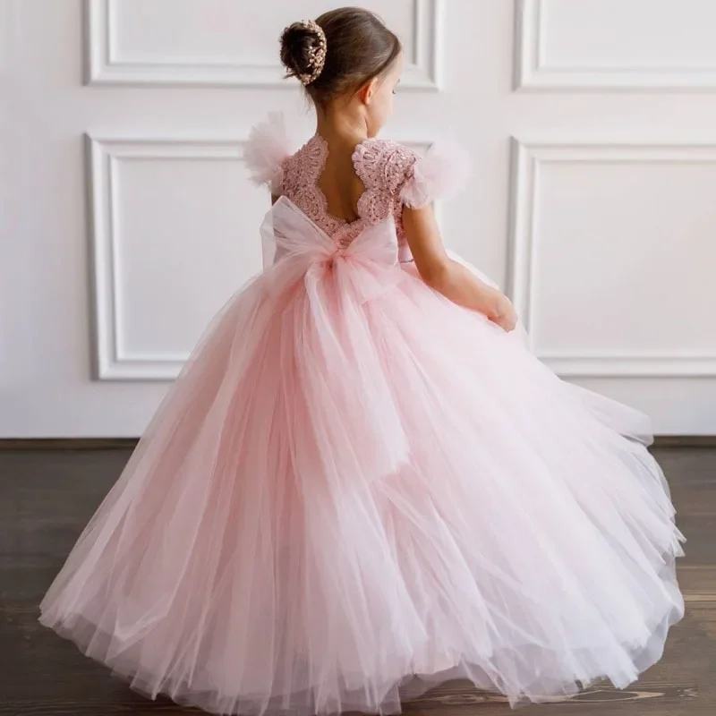 

Pink Tulle Flory Appliques With Bow Short Sleeve For Wedding Birthday Party Banquet Princess Gown Customized Flower Girl Dresses