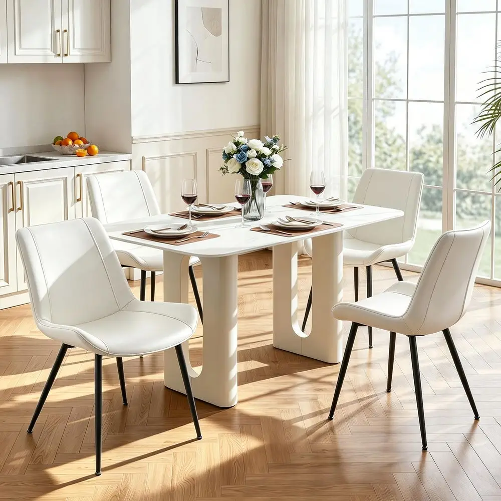 Leather Dining Chairs Set of 4, Upholstered with Metal Legs, White