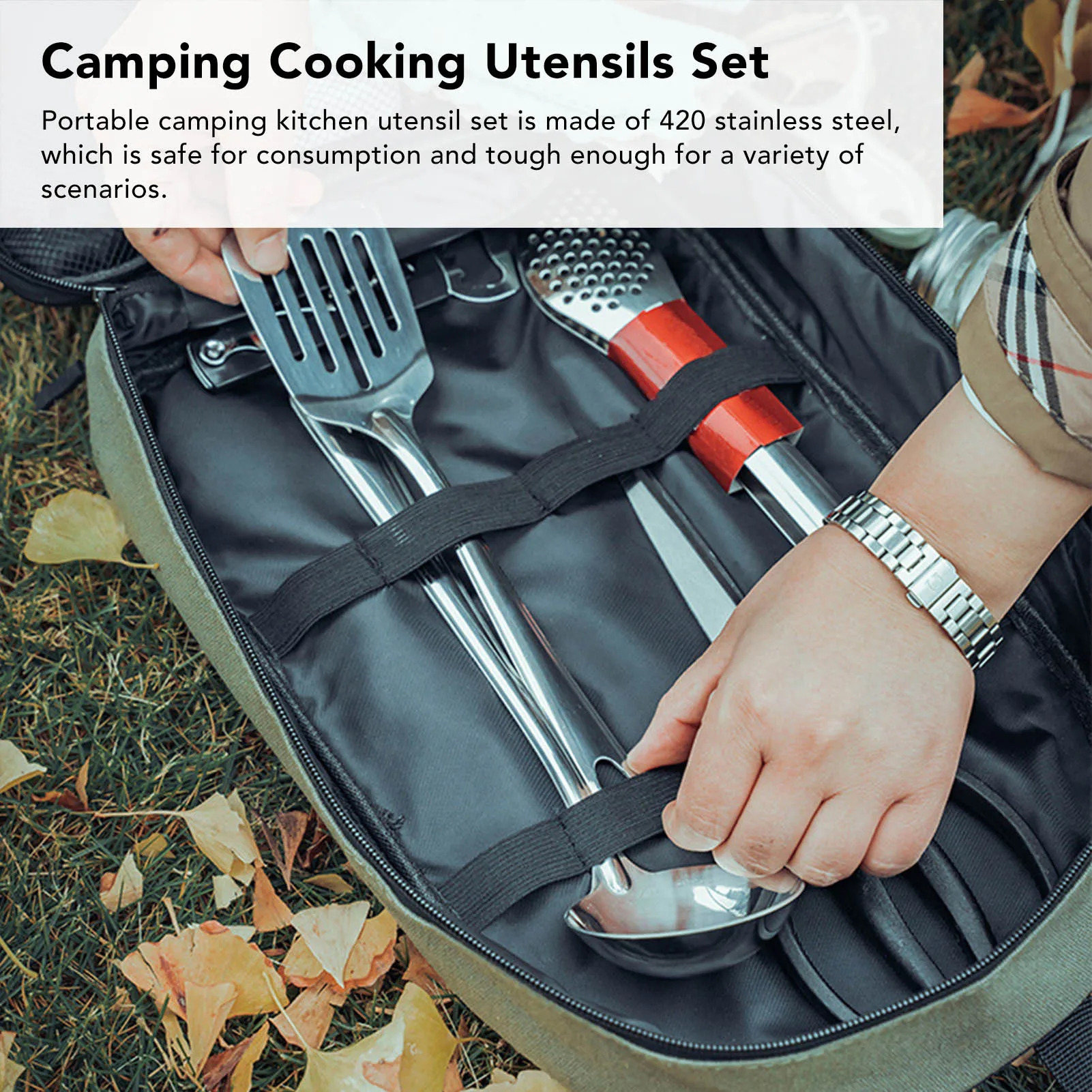 مجموعة أدوات المطبخ للتخييم، مجموعة أدوات الطبخ للسفر 420 من الفولاذ المقاوم للصدأ مقاومة لتسرب الماء، مريحة للنزهات