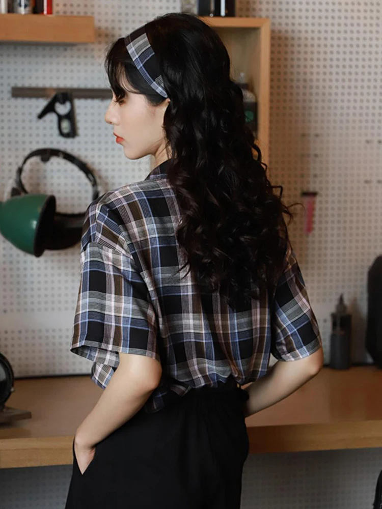 Zoki فضفاض ريترو منقوشة قميص المرأة قصيرة الأكمام بلوزة عادية خمر الصيف كل مباراة اليابان نمط Preppy واحدة الصدر القمم #6