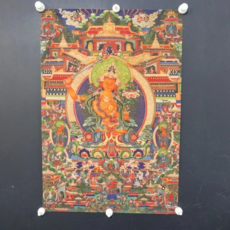 Manjushri Thangka Tibetan Buddhist Wisdom Deity Silk Brocade Tapestry Traditional Wall Art for Altar Home Decor