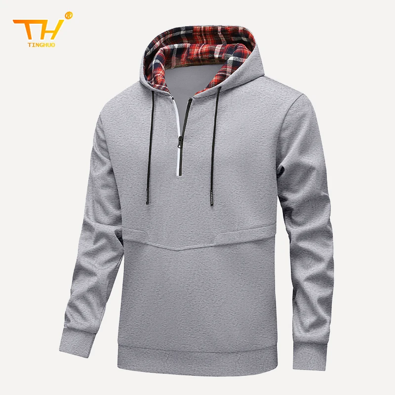 Men's Hoodies Spring Autumn Plaid Hooded Zip Up Sweatshirt Men Fashion Sports Training basketball Solid Color Street clothing