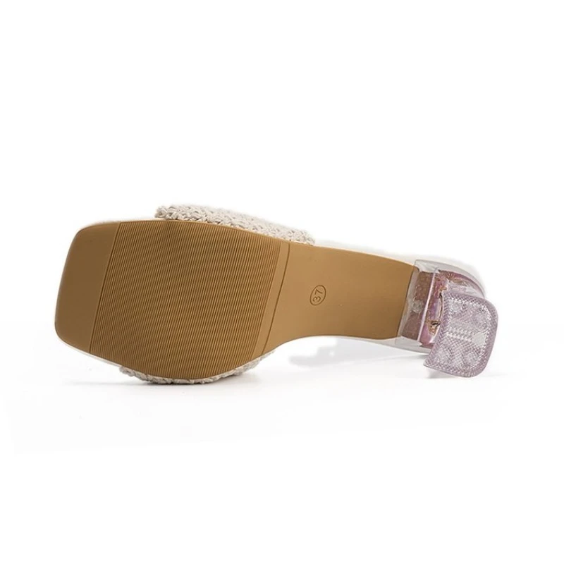 Luxury Thick Heel Summer Women Slippers Fashion Metal Decoration Open Toe Dress Slides Ladies Stripper Party Sandals