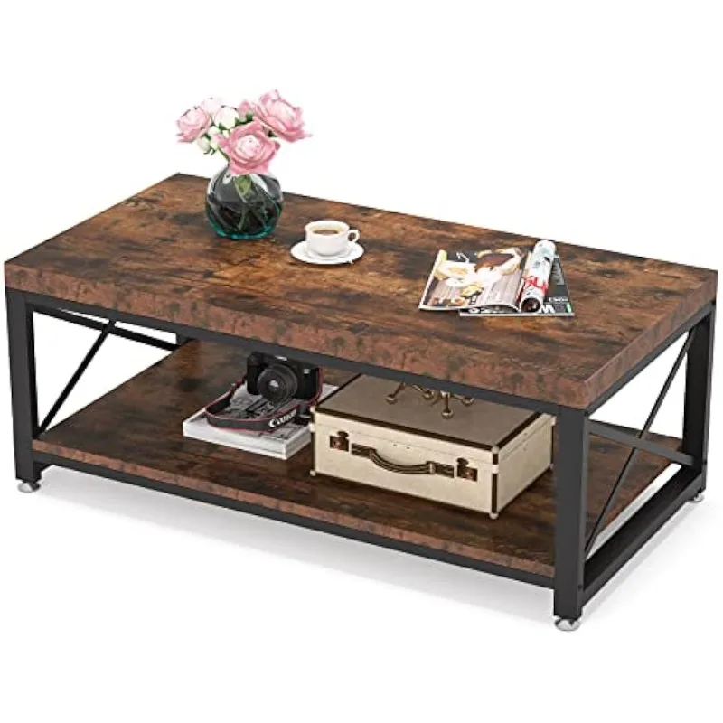 Table basse industrielle de 43 pouces, table à cocktail avec étagère de rangement, table à thé rectangulaire à 2 niveaux avec cadre en acier en forme de X