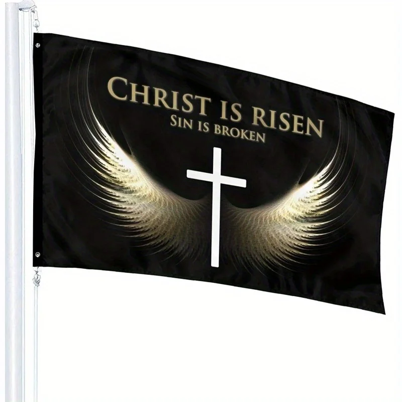 Christ Is Risen Christian Flag Black Gold Wings 3x5FT 4x6FT Outdoor Durable Polyester Banner Decoration