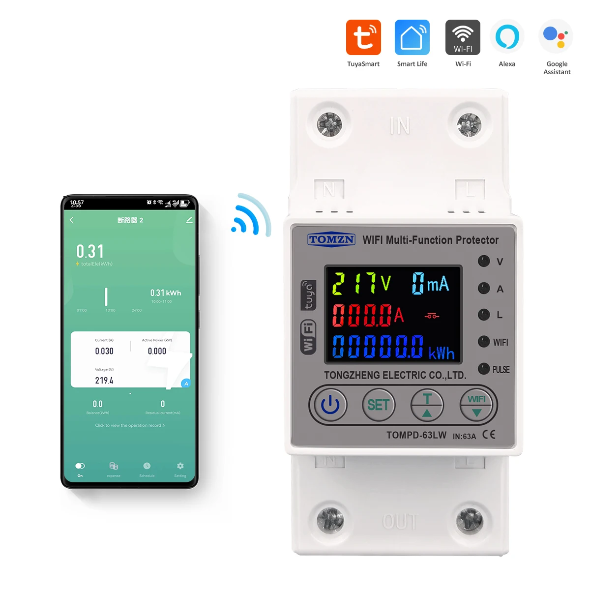 2P 63A WIFI Smart Switch smartlife Energy Meter Kwh Metering Circuit Breaker Timer with voltage current and leakage protection