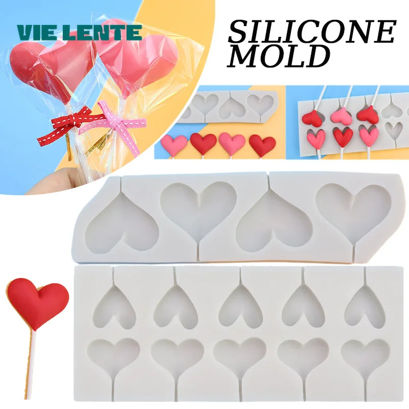 VIE LENTE Love Heart Lollipop Mould 1pc Heart-shaped Fondant Chocolate Silicone Mold  Valentine's Day Cake Decorating Tools