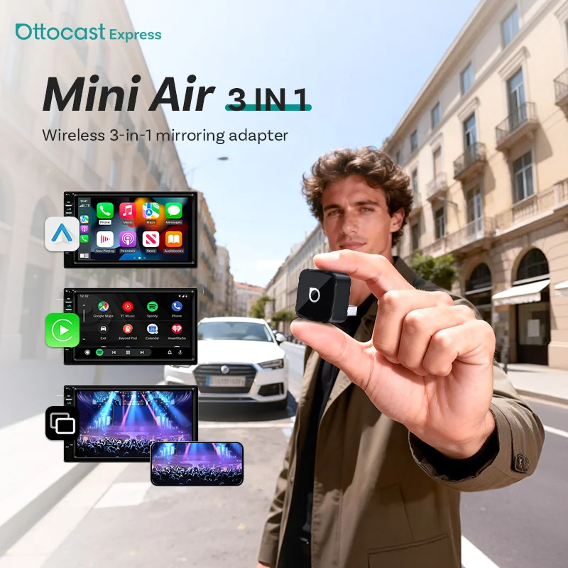 

Ottocast MINI AIR Express 3-в-1: беспроводной CarPlay и Android Auto для iPhone, дублирование экрана, CarPlay Plug & Play, преобразование проводного подключения в беспроводное.