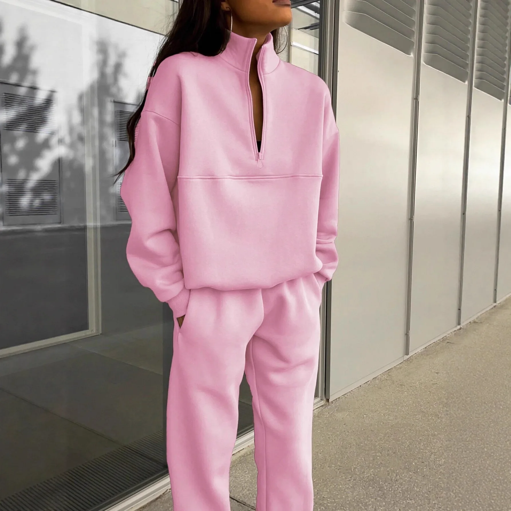 Survêtement pour femmes, mode automne, demi-fermeture éclair, col montant, sweat-shirt à capuche, deux pièces, vêtements de sport décontractés, ensembles pantalons longs