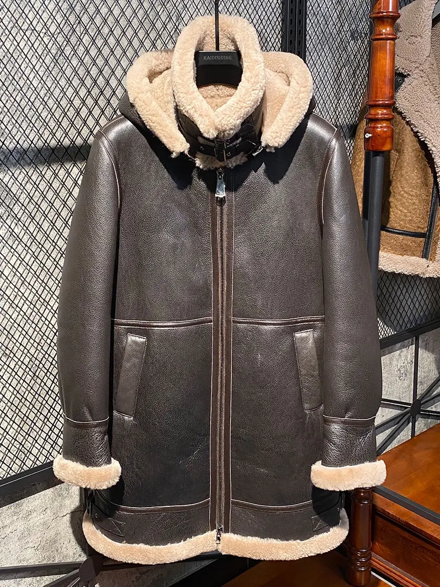 

New Winter Men's Long Coat Genuine Sheepskin Shearling Jacket for Male Thick Wool Liner with a Hood Brown Maxi 5XL 6XL 7XL 8XL