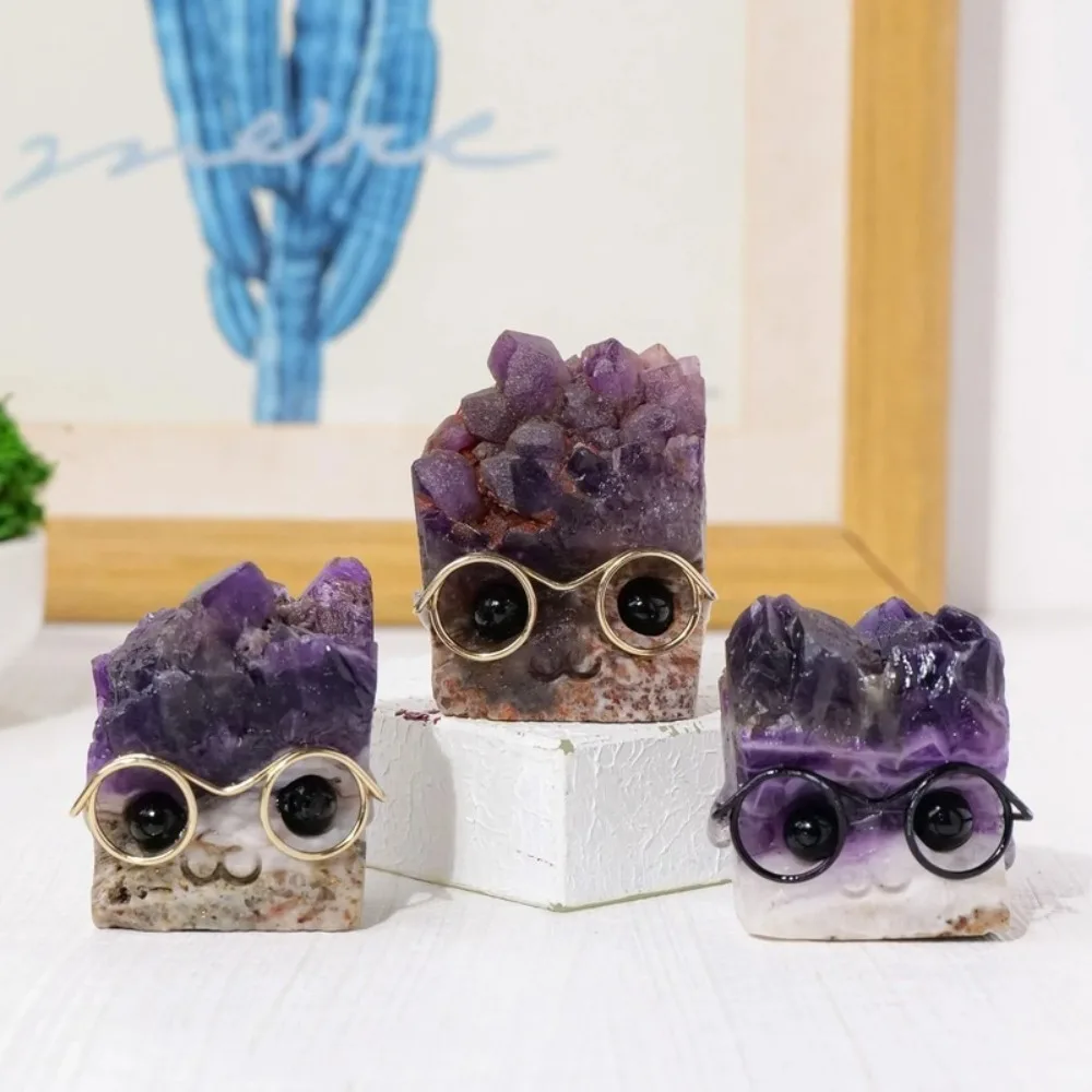 Natural Amethyst Crystal Cluster Hedgehog Statue, Glasses-Wearing Ornament, Home Office Desk Decor, Healing Stone Craft
